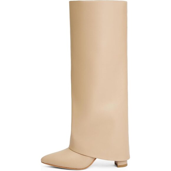 Women Nude Pu Leather Fold Over Knee High Dress Tall Chunky High Heels Long Boot - Picture 2 of 7